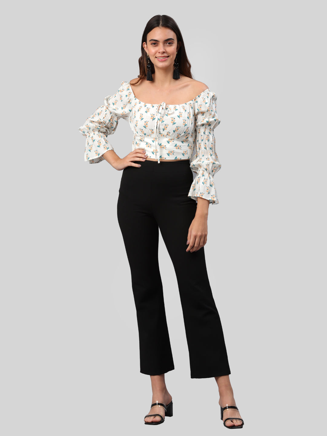 Casual Puff Sleeves Printed Women White Top