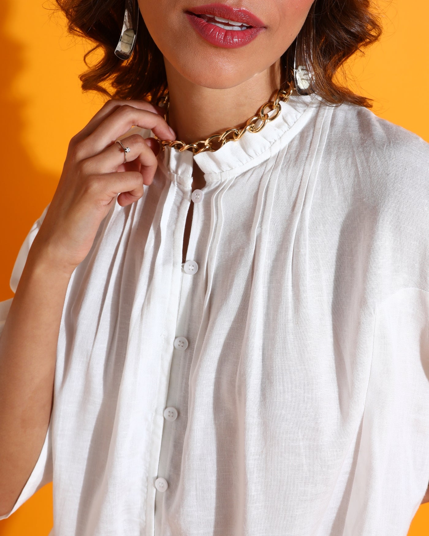 Women Regular Fit Solid Collarless Collar Casual Shirt