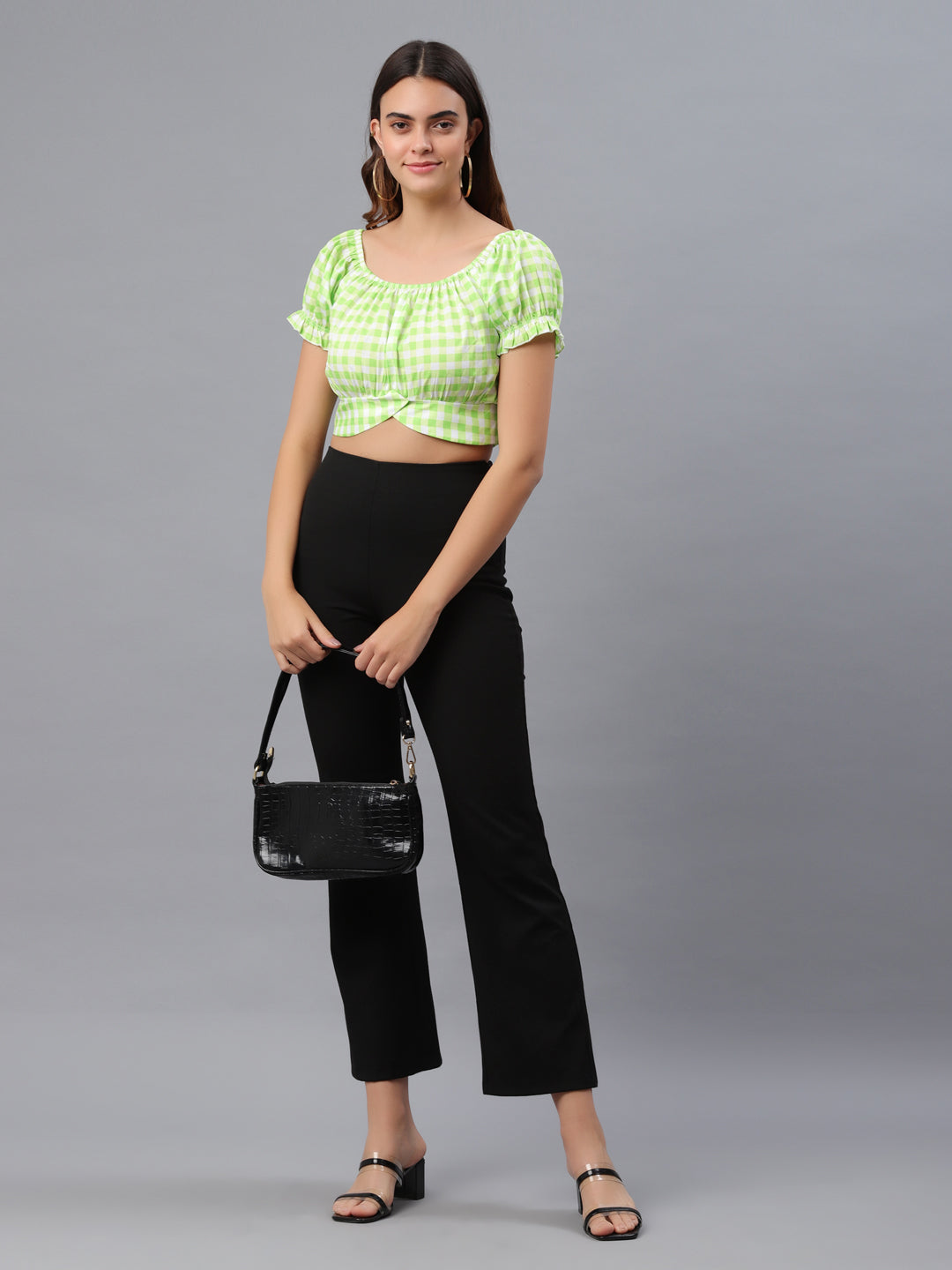 Casual Puff Sleeves Checkered Women Green Top