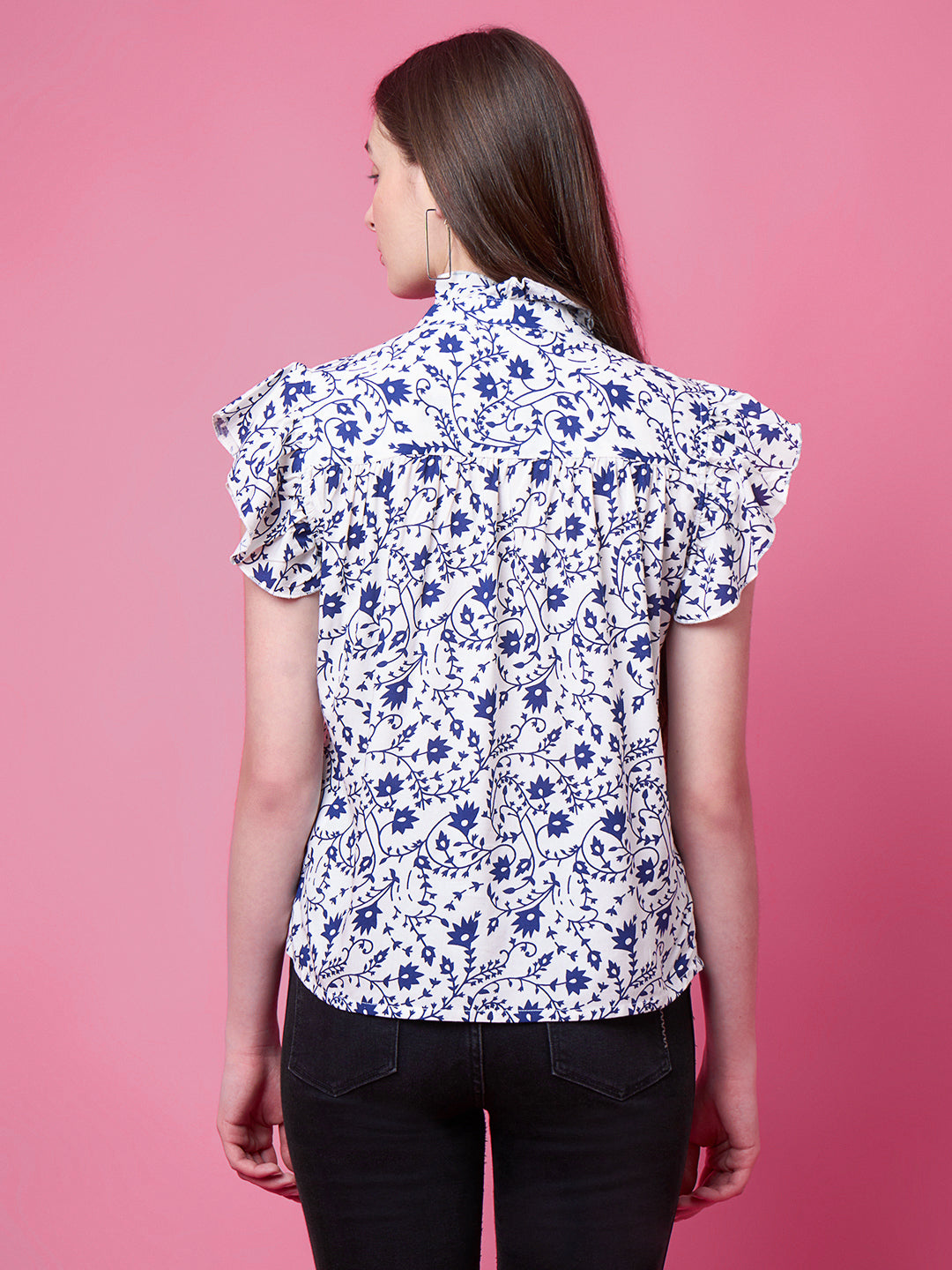 Casual Flutter Sleeves Floral Print, Printed Women Blue Top
