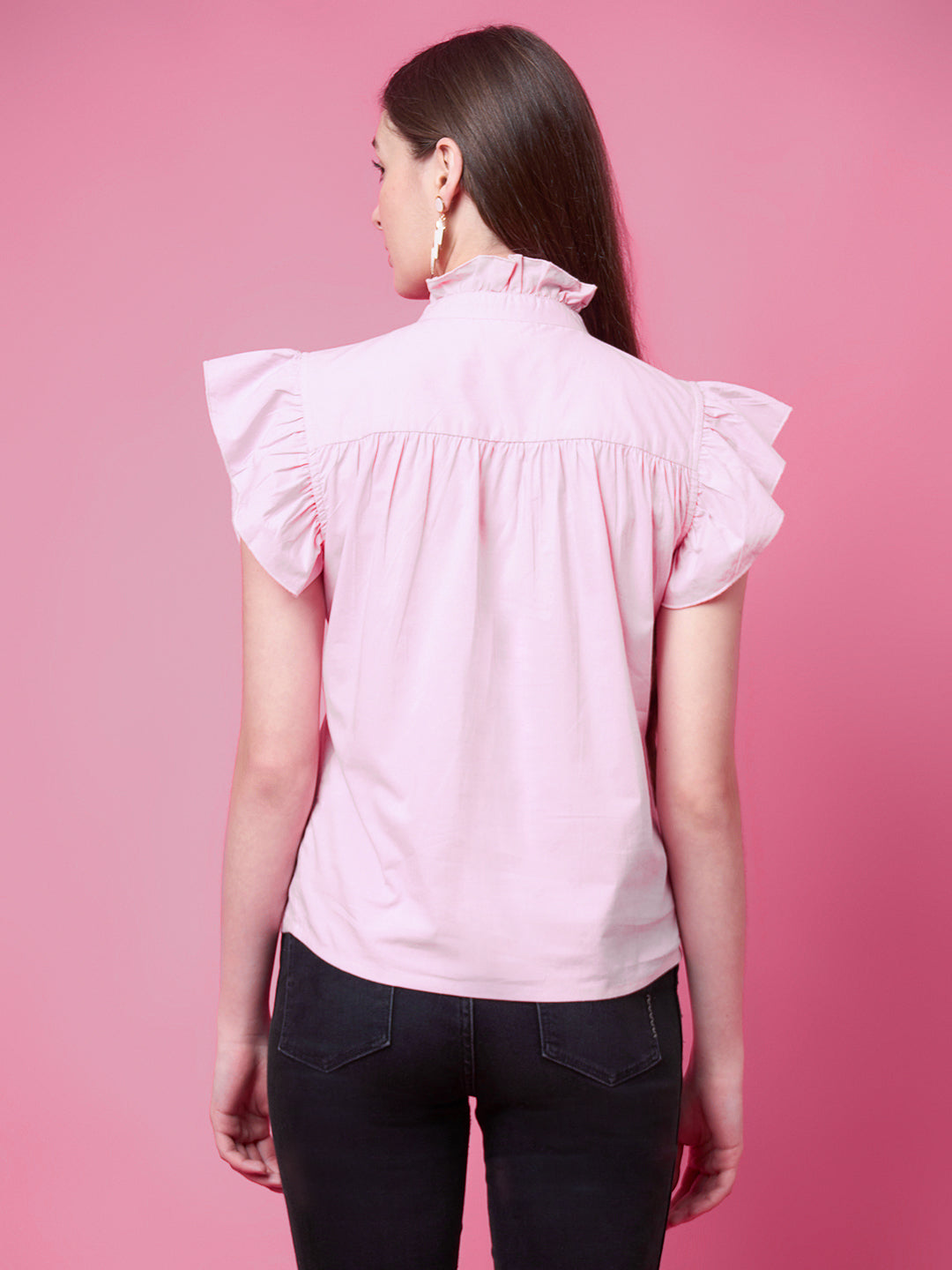 Casual Ruffled Sleeves Solid Women Pink Top