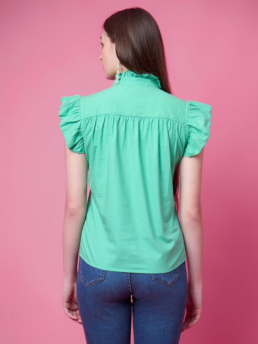 Casual Ruffled Sleeves Solid Women Green Top