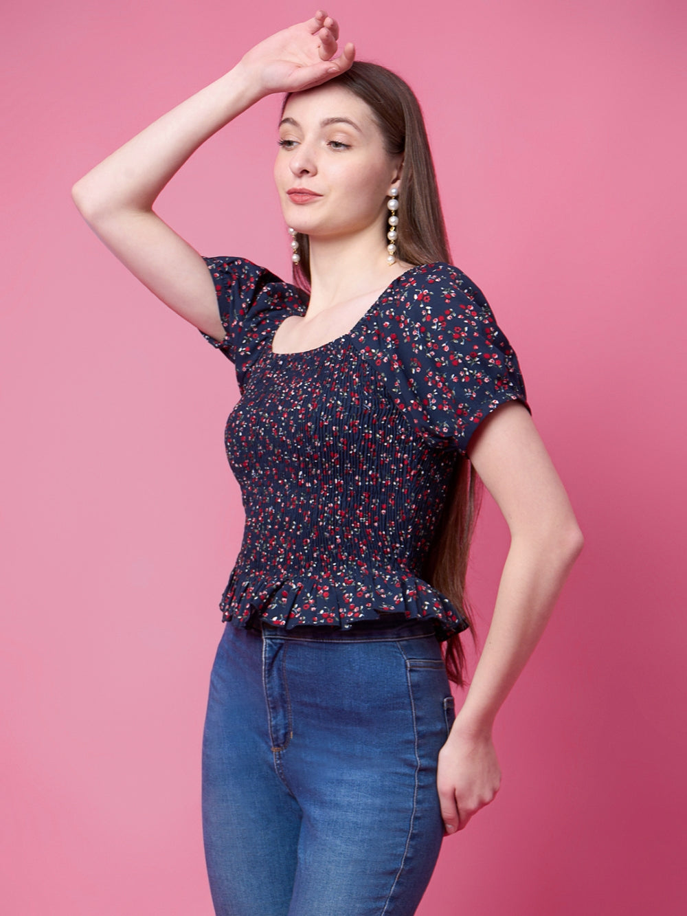 Casual Puff Sleeves Floral Print, Printed Women Blue Top