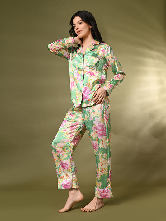 Women Shirt & Pyjama set Green Floral Print