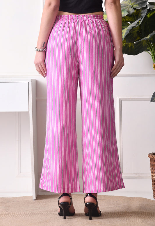 Women Loose Fit Pink Pure Cotton Trousers