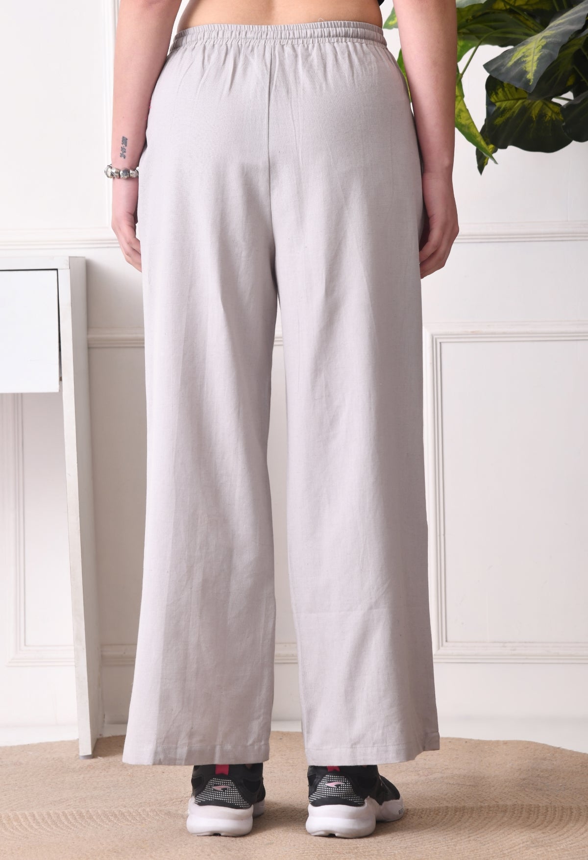 Women Loose Fit Grey Pure Cotton Trousers