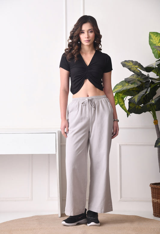Women Loose Fit Grey Pure Cotton Trousers