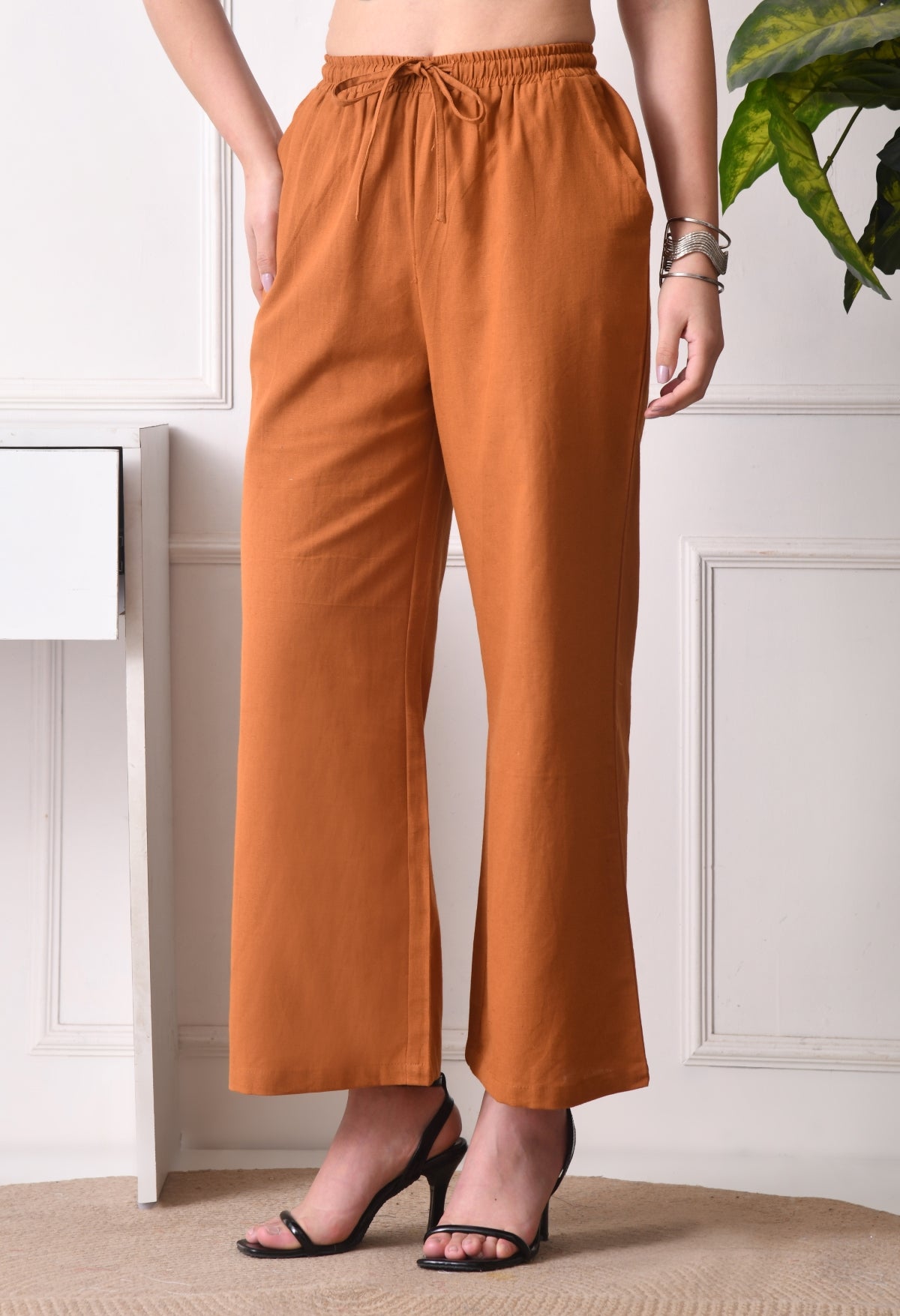 Women Loose Fit Brown Pure Cotton Trousers