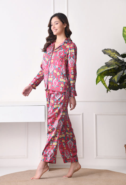 Women Shirt & Pyjama set Pink Printed