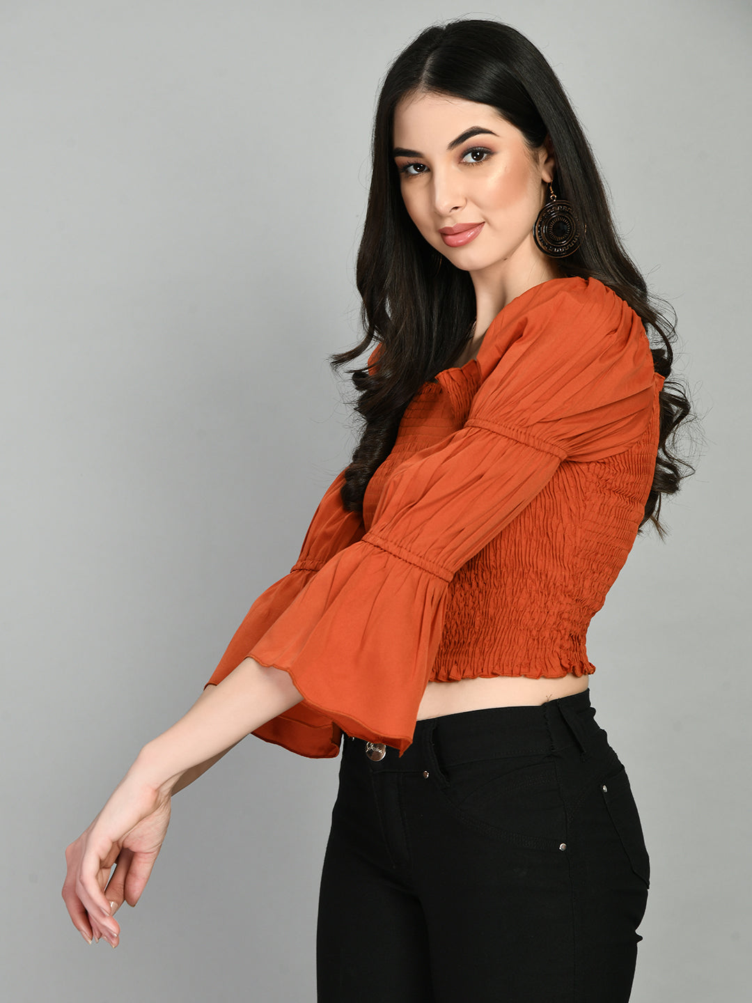 Casual Puff Sleeves Solid Women Brown Top