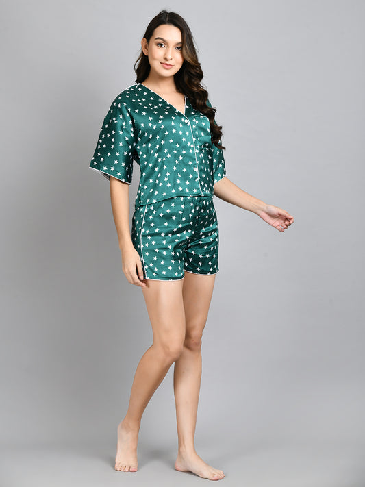 Women Top & Shorts Set Green Printed