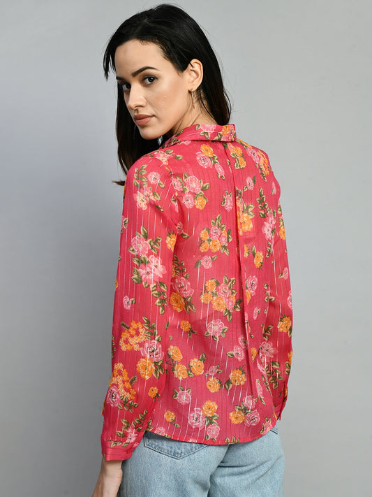 Casual Regular Sleeves Floral Print Women Pink Top