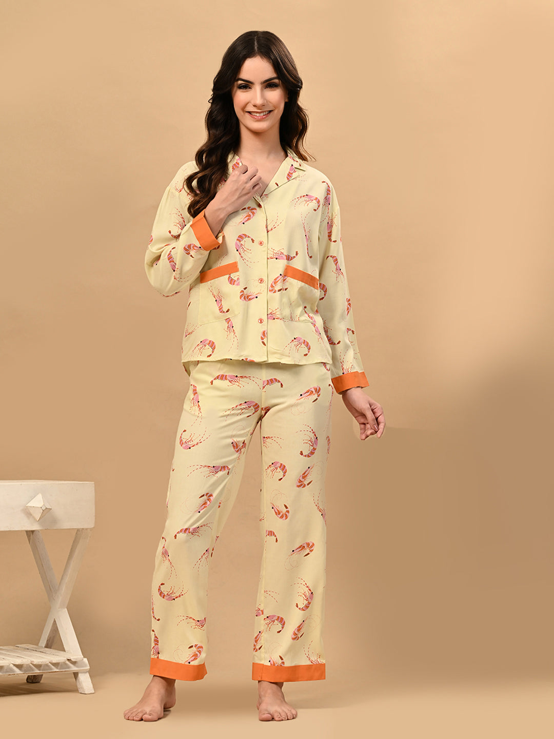 Women Shirt & Pyjama set Yellow Printed