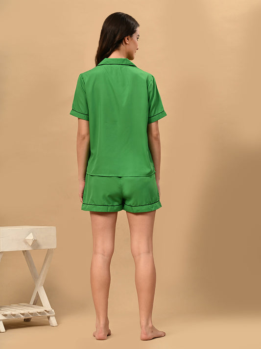 Women Night Suit Set Green Solid