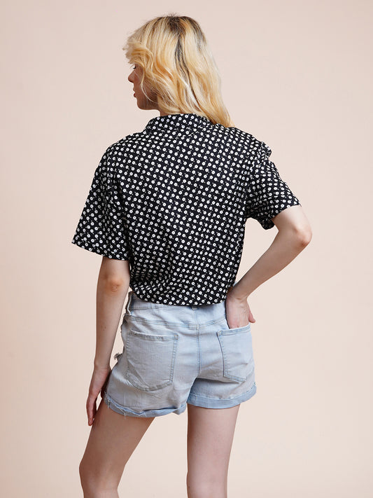 Casual Regular Sleeves Polka Print Women Black Top