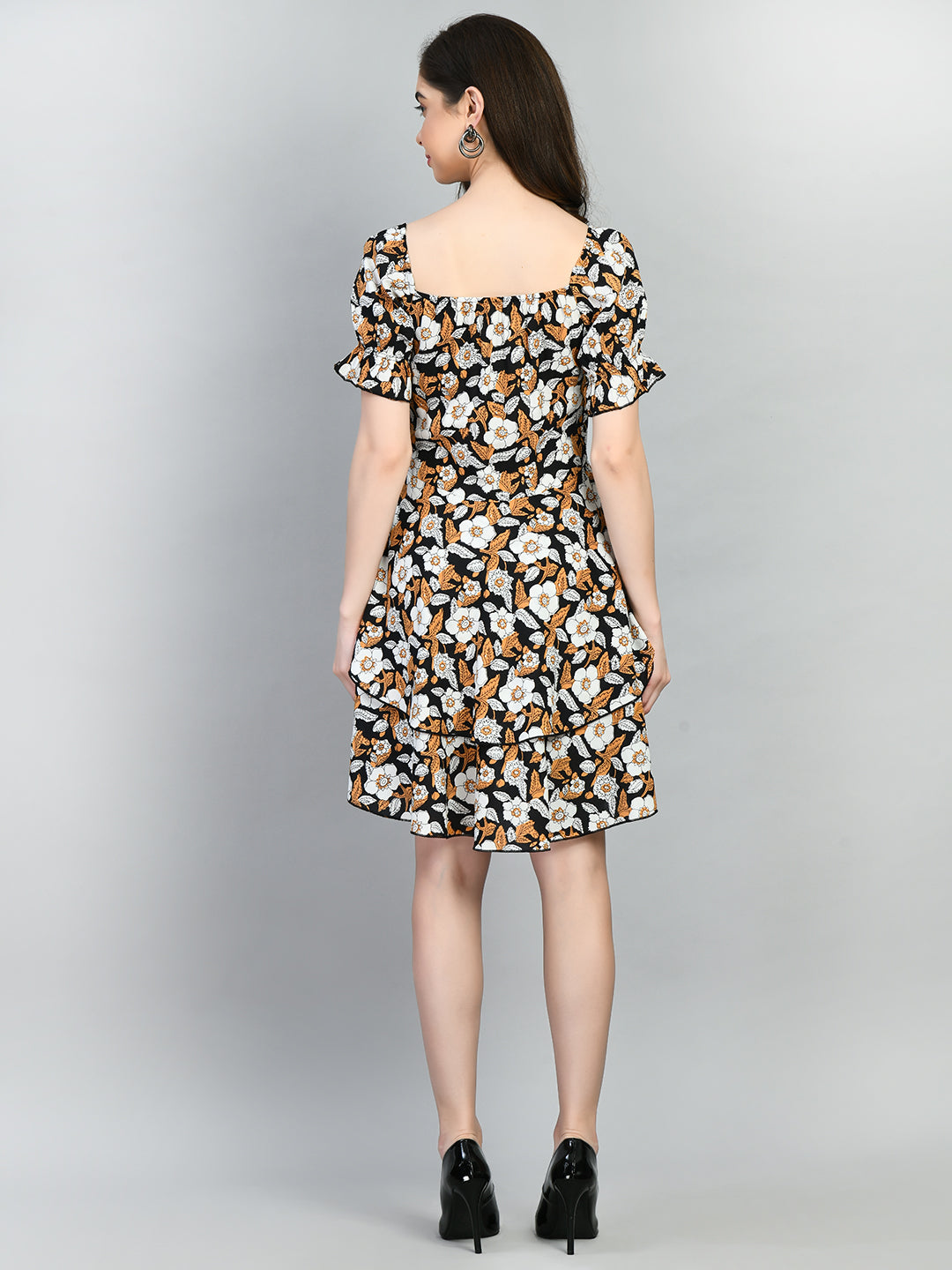 Women Fit and Flare Yellow, Black, Orange Knee Length Dress