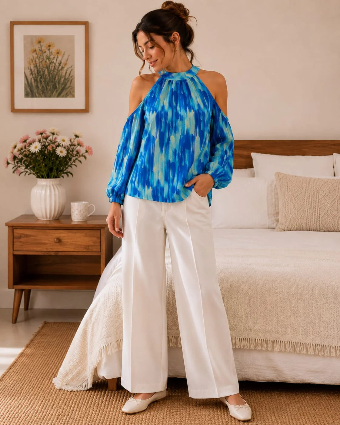 Casual Puff Sleeves Tie & Dye Women Blue Top