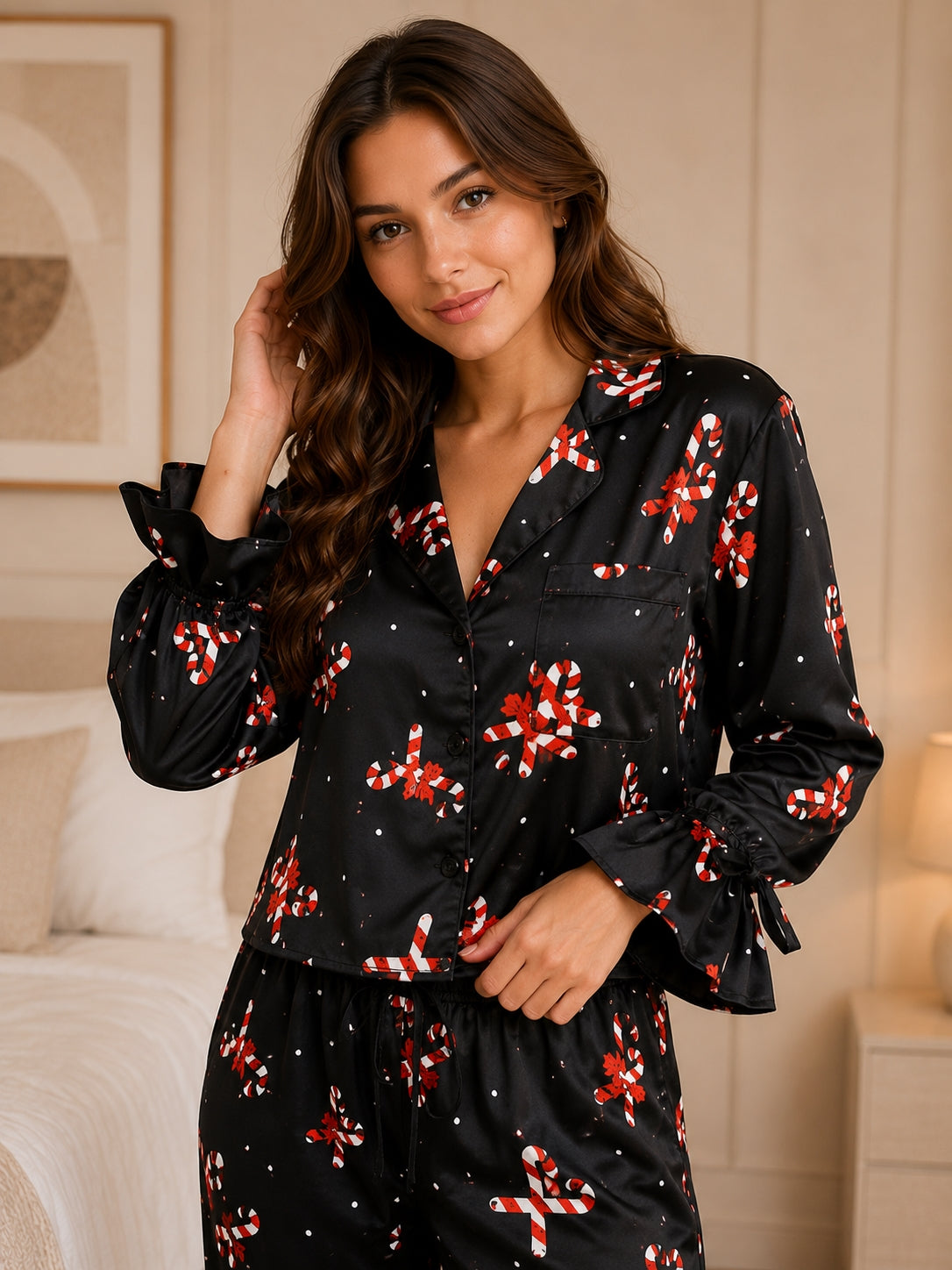 Women Shirt & Pyjama set Black Conversational