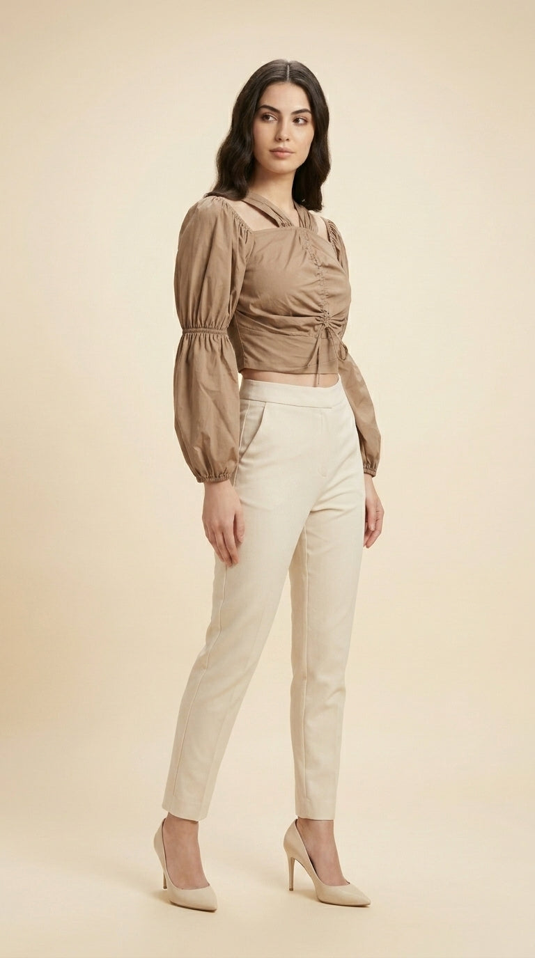 Party Puff Sleeves Self Design Women Brown Top