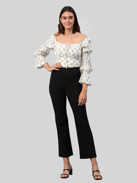Casual Puff Sleeves Printed Women White Top
