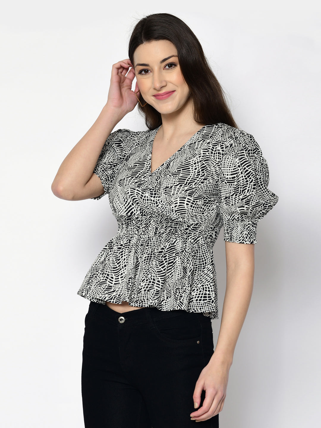 Casual Puff Sleeves Printed Women Black Top