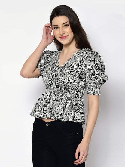 Casual Puff Sleeves Printed Women Black Top