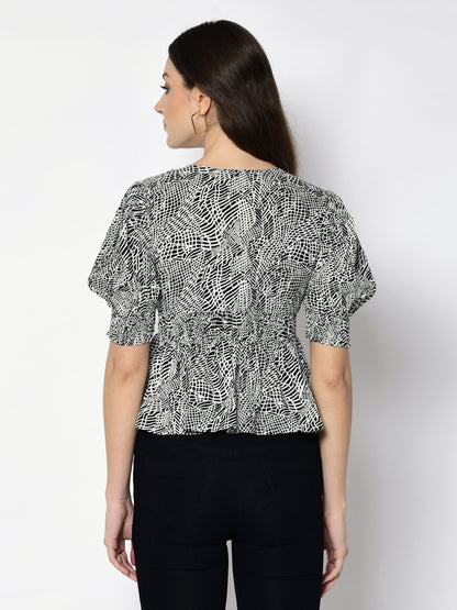 Casual Puff Sleeves Printed Women Black Top