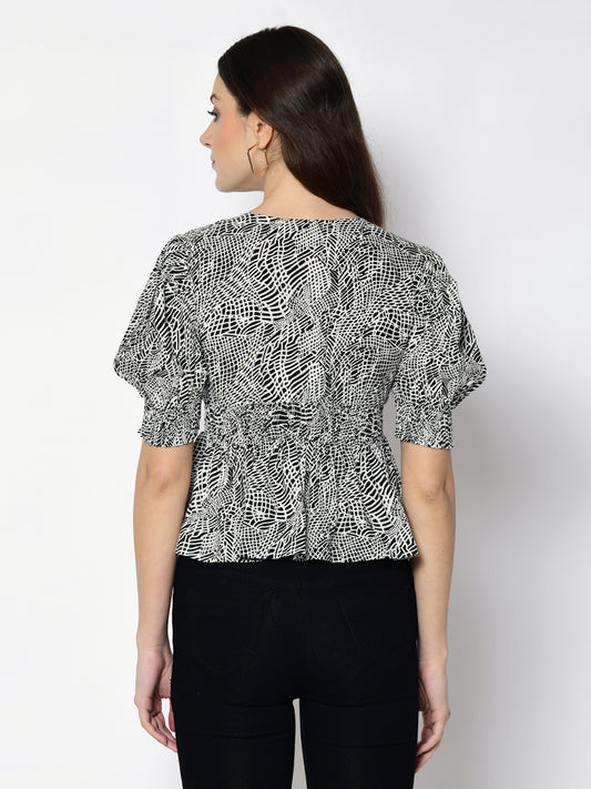 Casual Puff Sleeves Printed Women Black Top