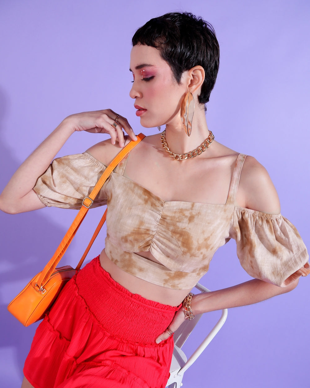Casual Off Shoulder Sleeve Tie & Dye Women Beige Top