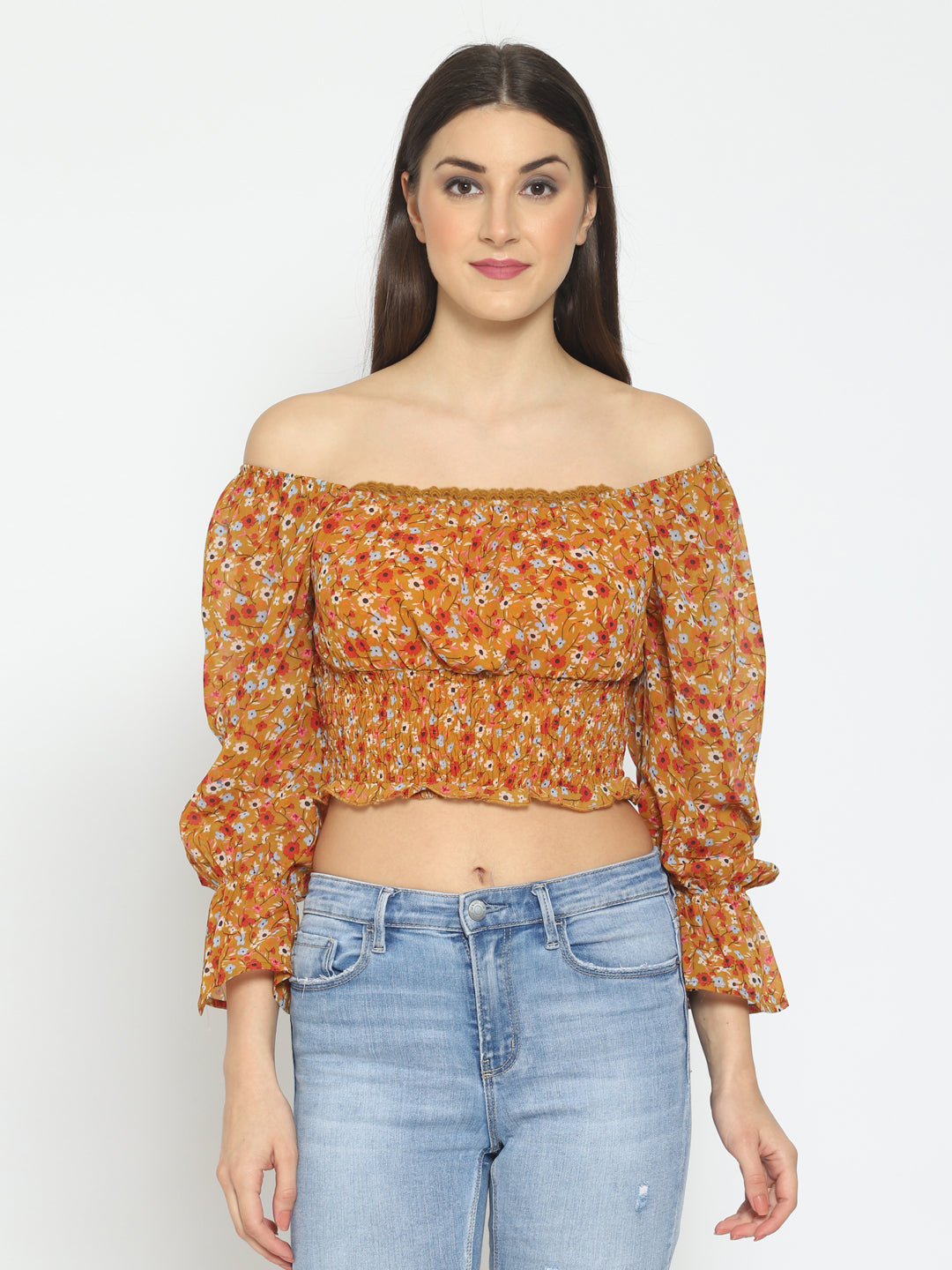 Casual Bell Sleeves Floral Print Women Yellow Top