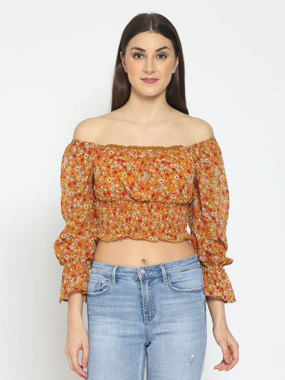 Casual Bell Sleeves Floral Print Women Yellow Top