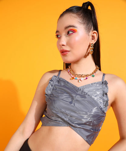 Casual Noodle Straps Self Design Women Grey Top