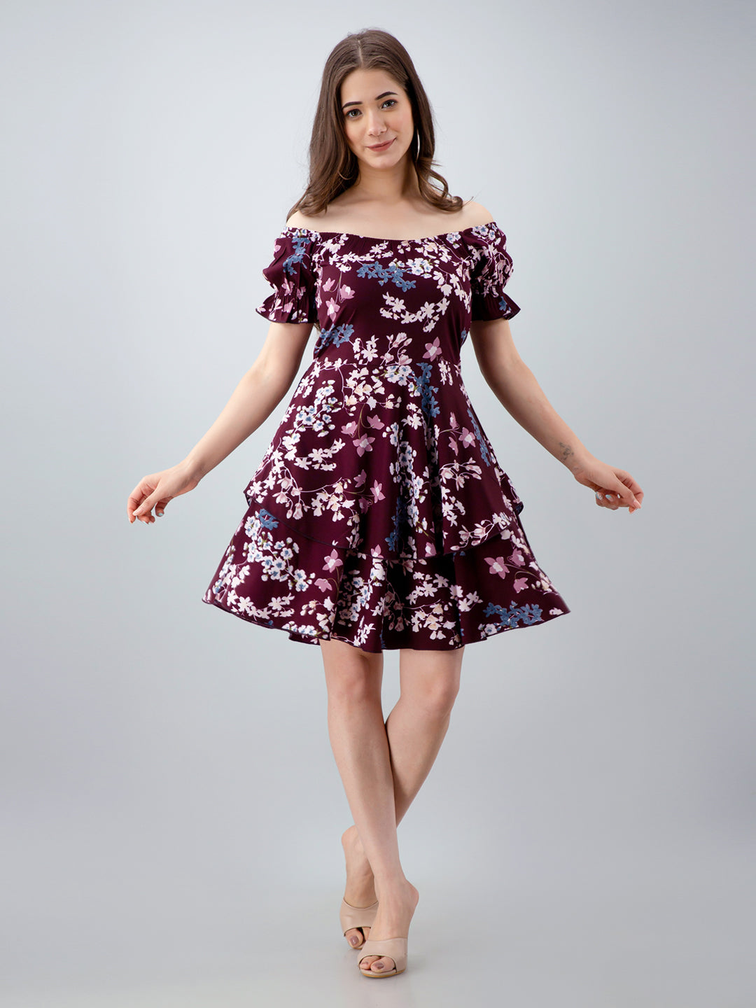 Women Layered Maroon Above Knee/Mid Thigh Length Dress