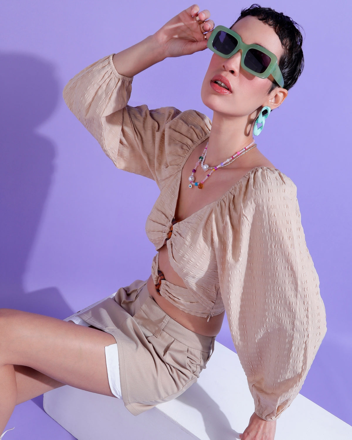 Casual Puff Sleeves Self Design Women Beige Top