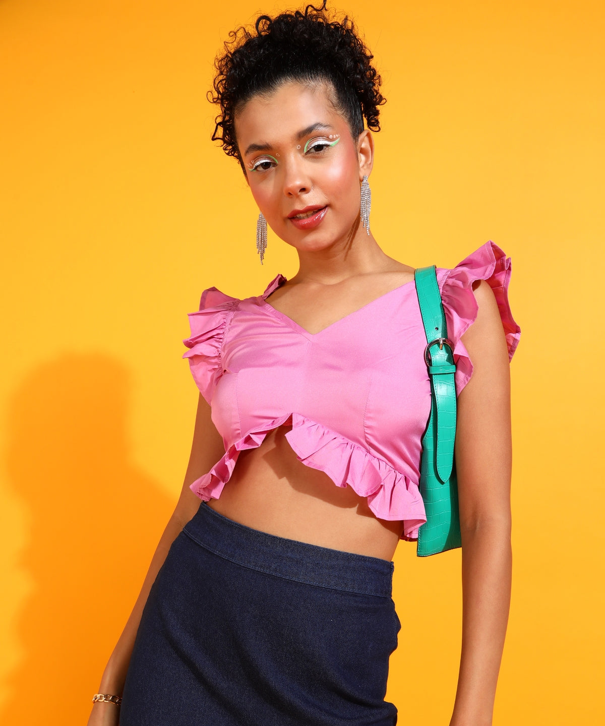 Casual Ruffled Sleeves Solid Women Pink Top