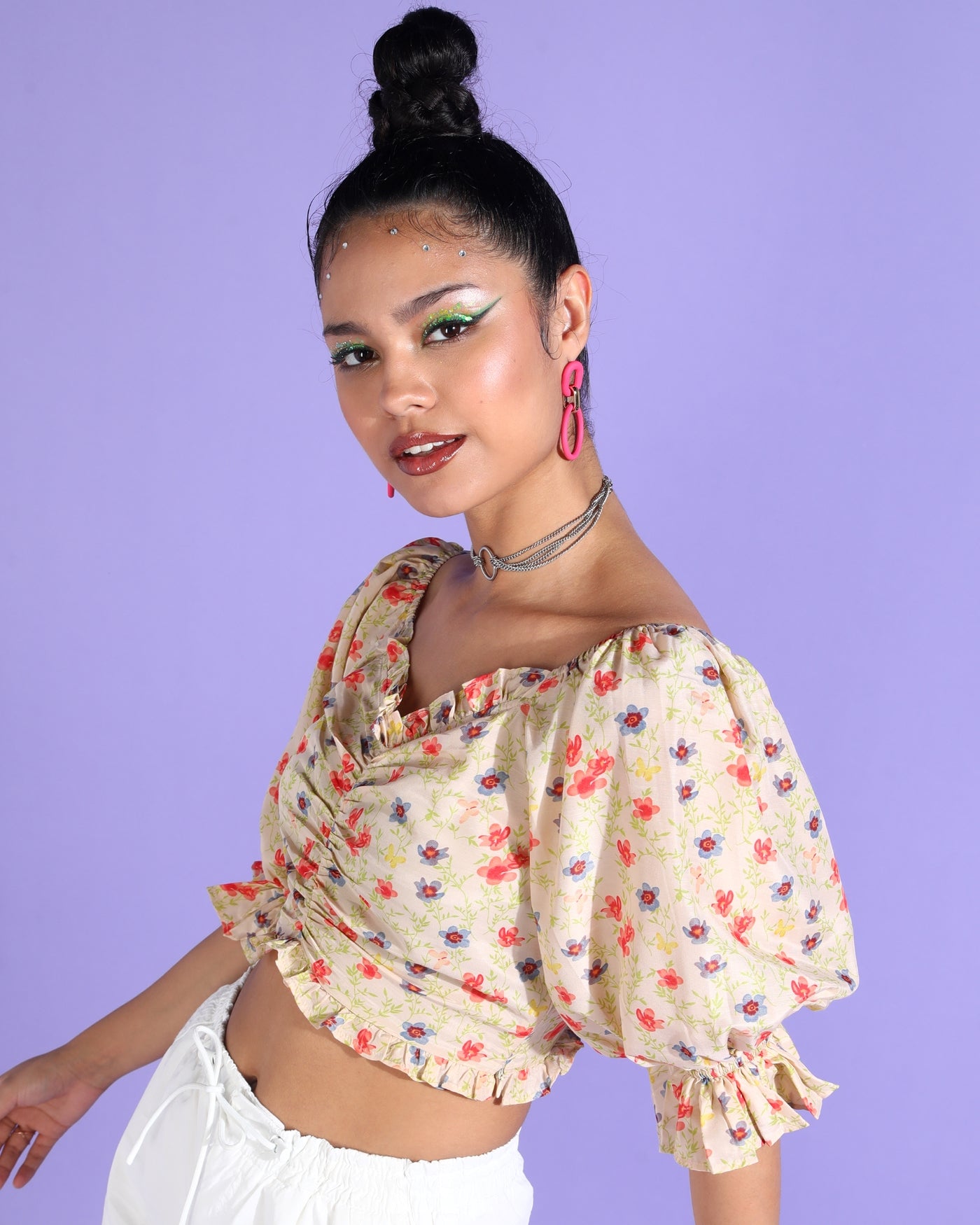 Casual Puff Sleeves Floral Print, Printed Women Multicolor Top