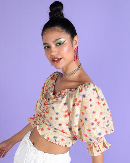 Casual Puff Sleeves Floral Print, Printed Women Multicolor Top