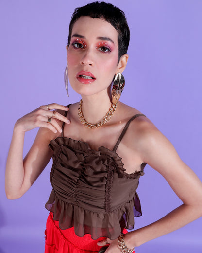 Casual Sleeveless Solid Women Brown Top
