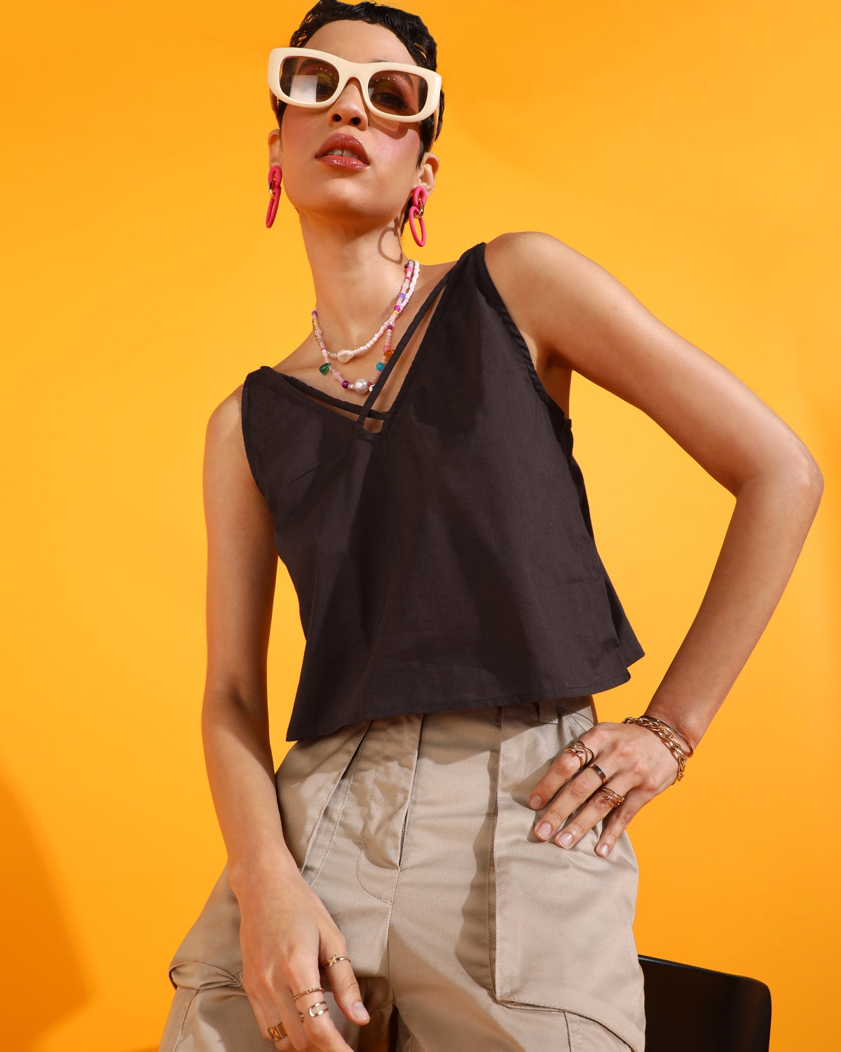 Casual Shoulder Straps Solid Women Brown Top