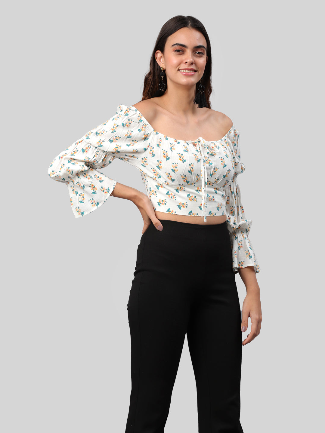 Casual Puff Sleeves Printed Women White Top