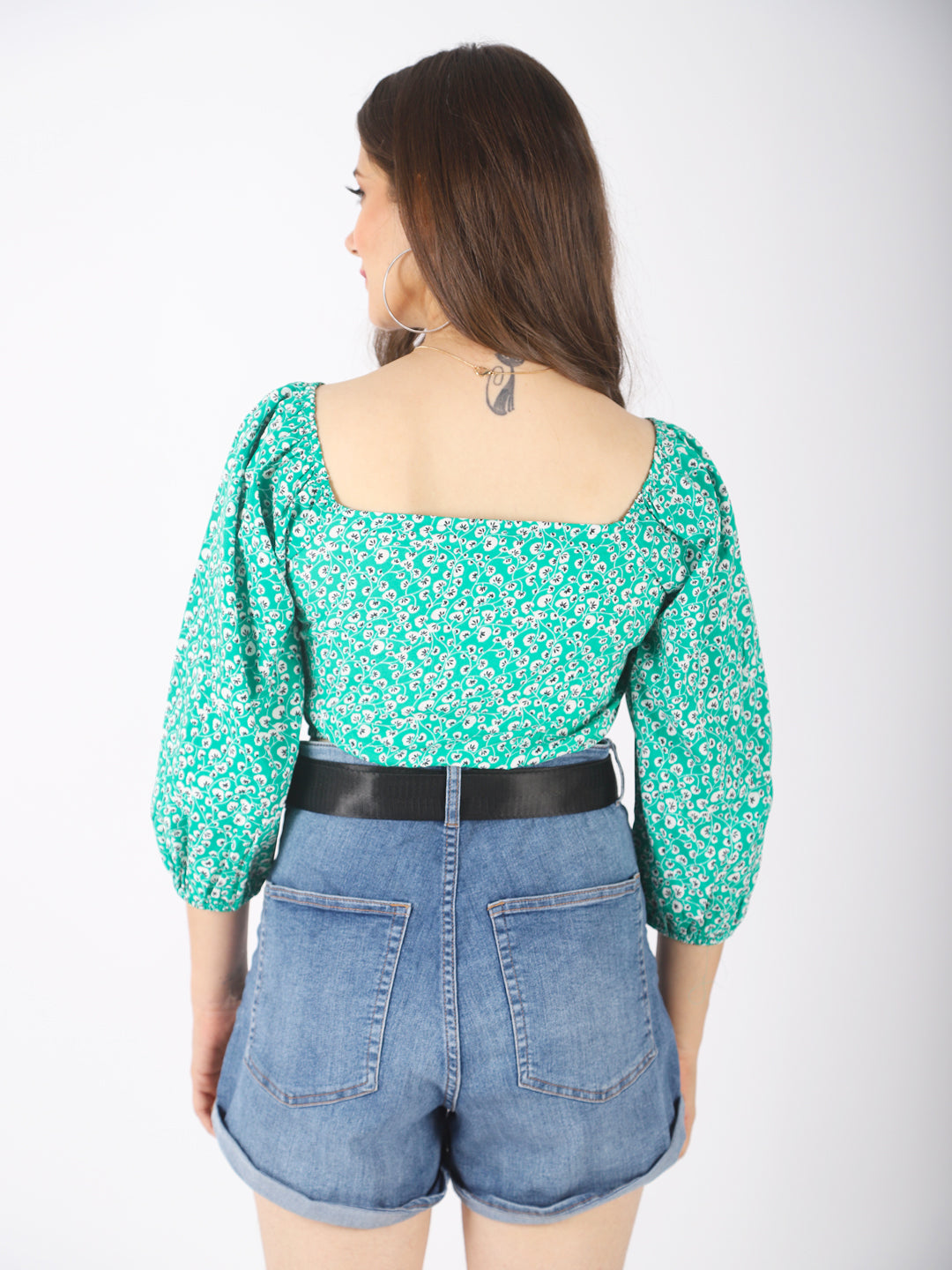 Casual Puff Sleeves Floral Print Women Green Top