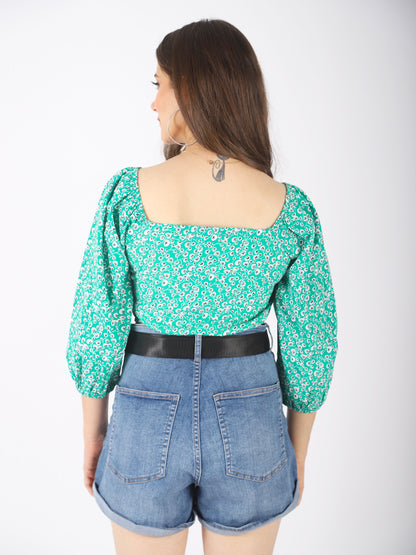 Casual Puff Sleeves Floral Print Women Green Top