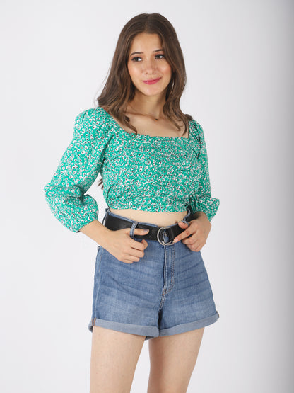 Casual Puff Sleeves Floral Print Women Green Top