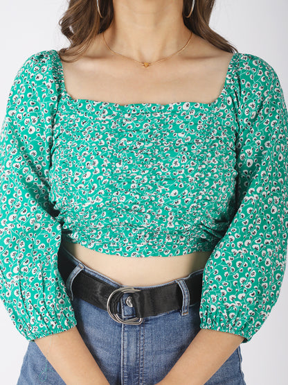 Casual Puff Sleeves Floral Print Women Green Top