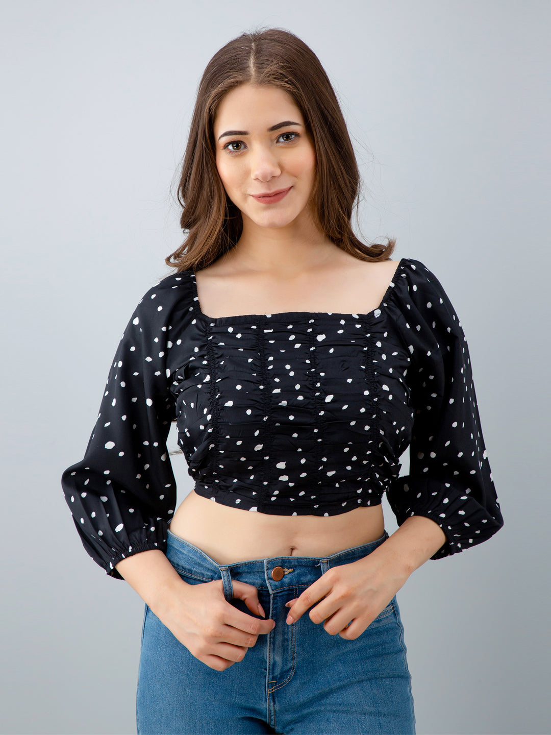 Casual Puff Sleeves Printed Women Black Top