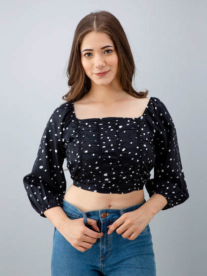 Casual Puff Sleeves Printed Women Black Top
