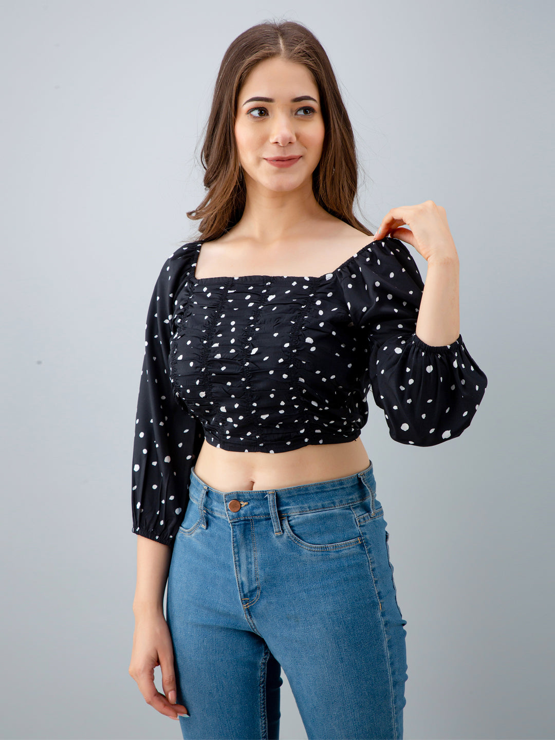 Casual Puff Sleeves Printed Women Black Top
