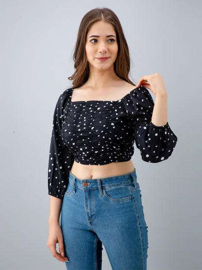 Casual Puff Sleeves Printed Women Black Top