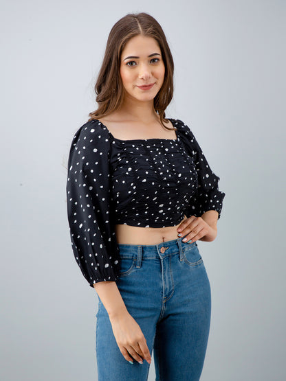 Casual Puff Sleeves Printed Women Black Top