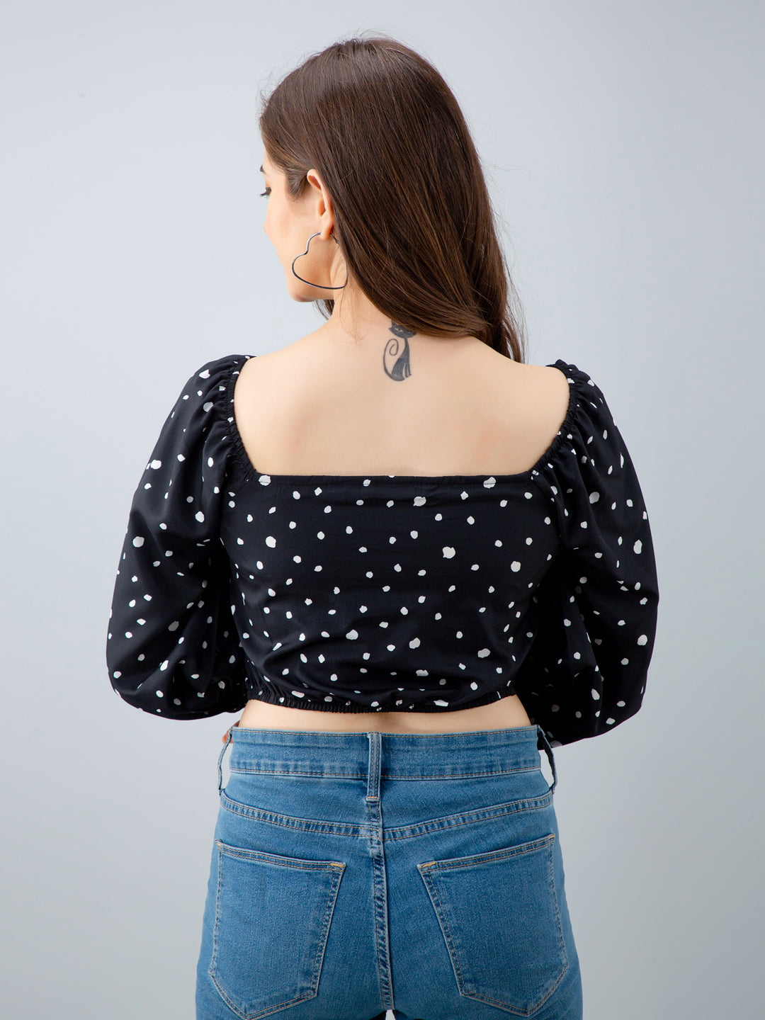 Casual Puff Sleeves Printed Women Black Top